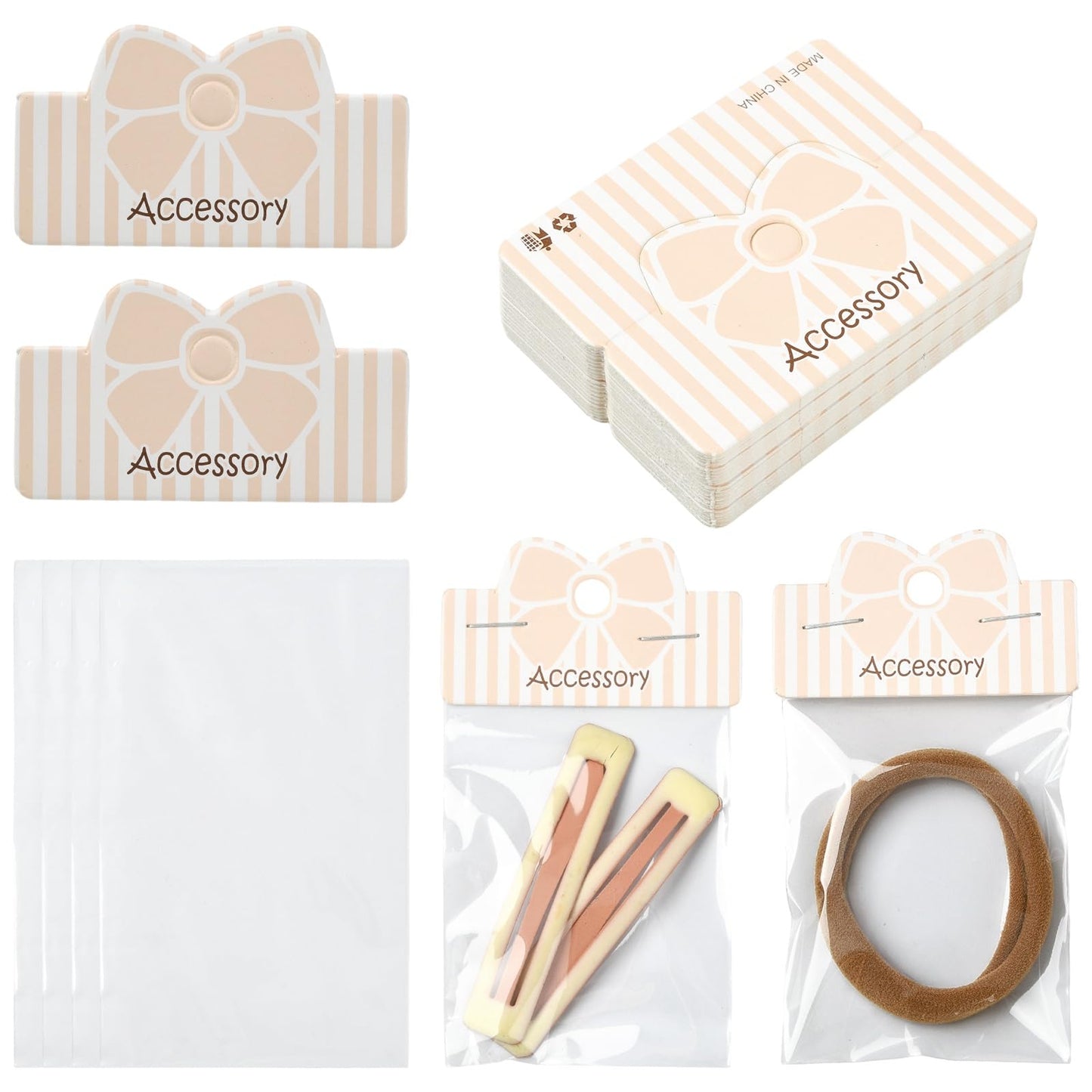 Gelirda 50 Sets Packaging Pouch with Foldable Header Cards Bowknot Printed Paper Cards & Rectangle Cellophane Bags for Jewelry Display