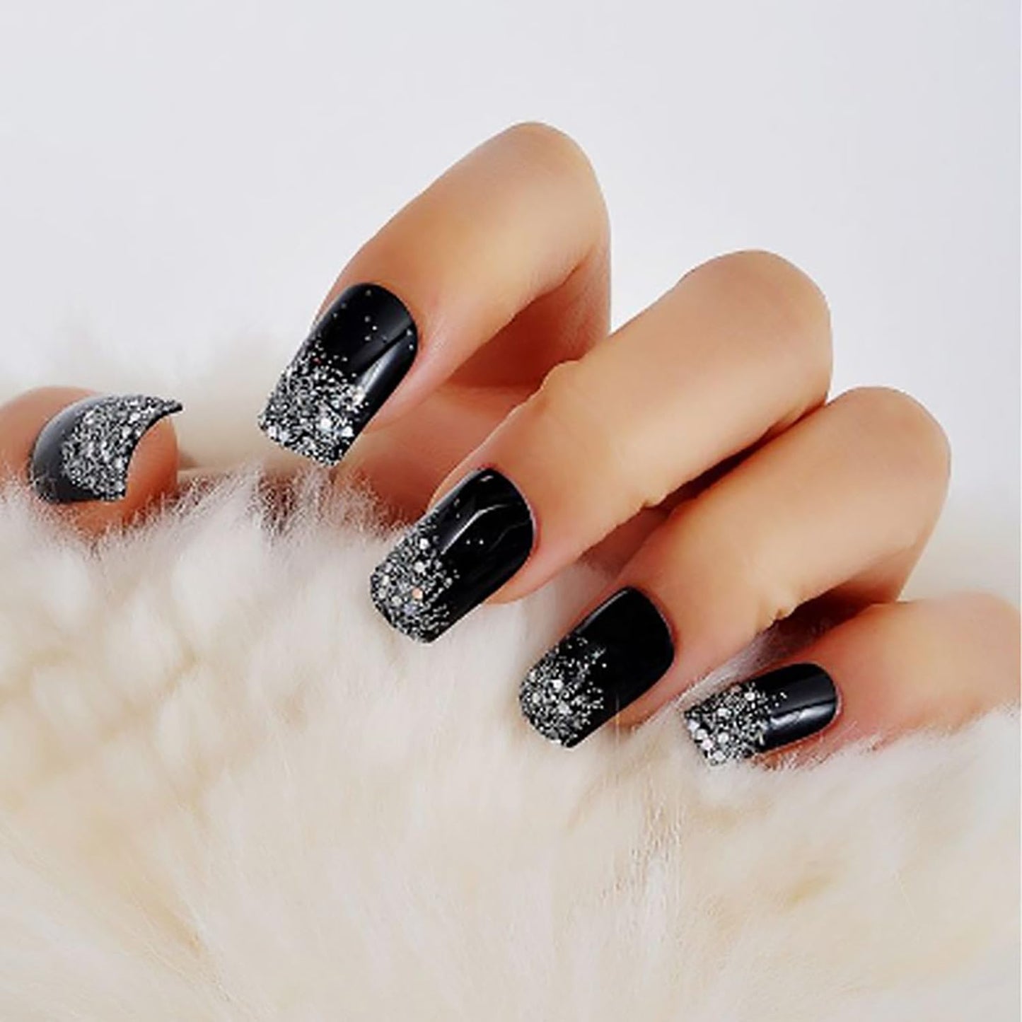 Press on Nails Medium Square Shapes 24Pcs Glossy Full Cover Artificial Black Fake Nails with Silver Glitter Designs Reusable Coffin Acrylic False Nails Glue on Fingernails with Charm for Women