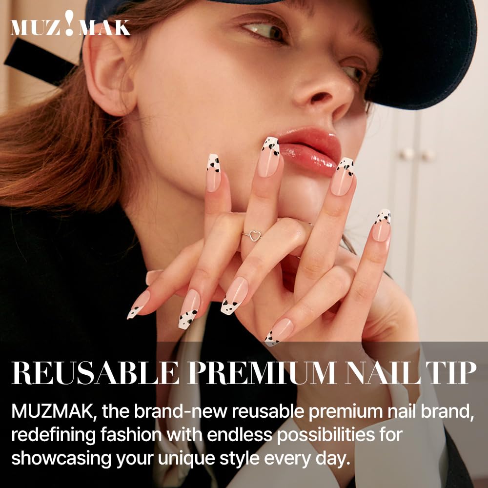 MUZMAK Reusable Press On Nails - Milk Cow - Long Coffin Press On Nails, Cow Print French Tip Fake Nails (Pack of 36)
