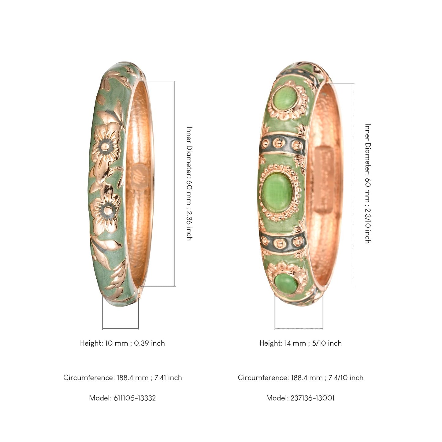 UJOY Vintage Cloisonne Jewelry Bracelet Gold Plated Handmade Bead Rhinestones Enamel Spring Cuff Bangles 2 Pcs Set for Womens Gift 7735-55A103 green
