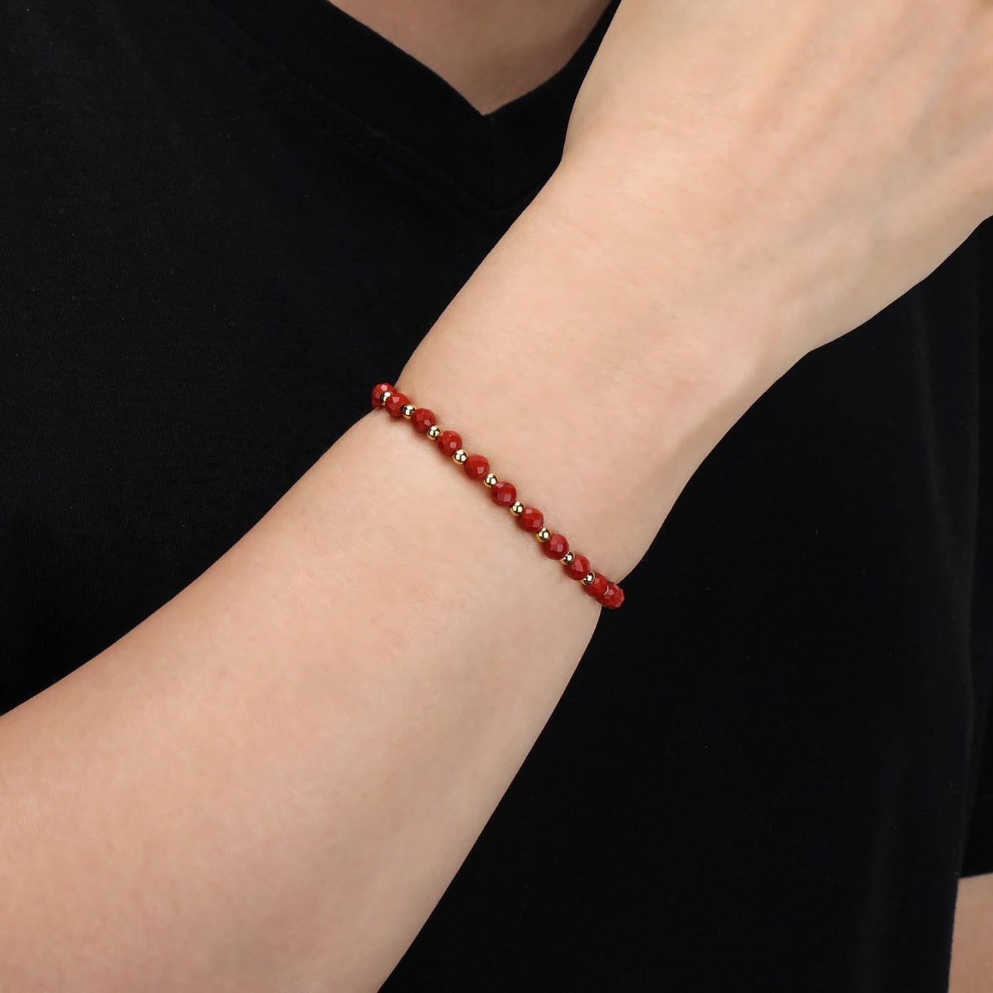 QOGIR Red Jasper - Zen Stone - 14K Gold Plated Beads Natural Gemstone Stretch Elastic Dainty Healing Beaded Bracelets Gifts 4mm