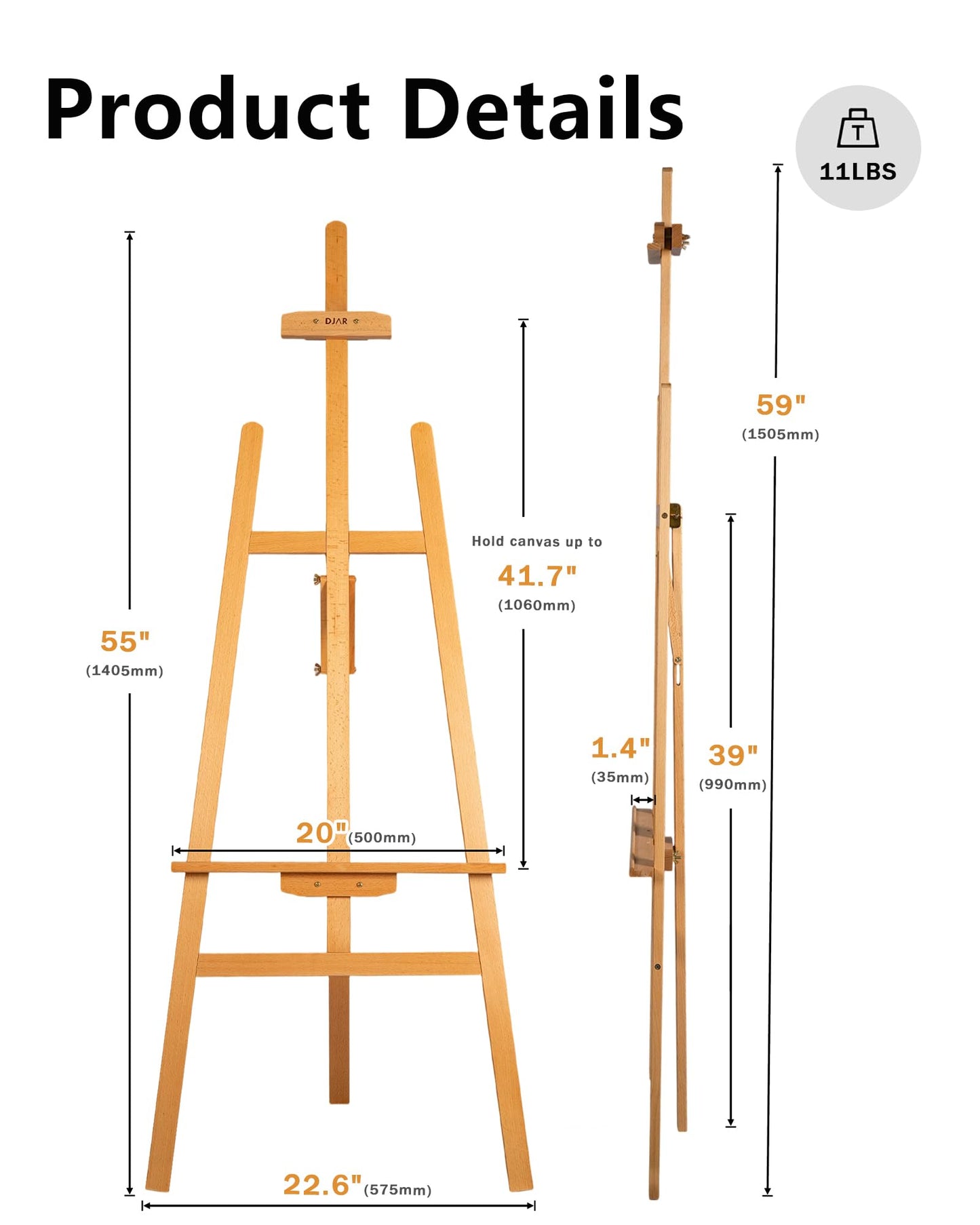 DJAR Solid Beechwood Art Easel for Painting, Folding Floor Easel Stand for Drawing, Wedding Sign and Poster, Ajustable Wooden Easel for Artist and Beginner, Hold Canvas up to 41.7"