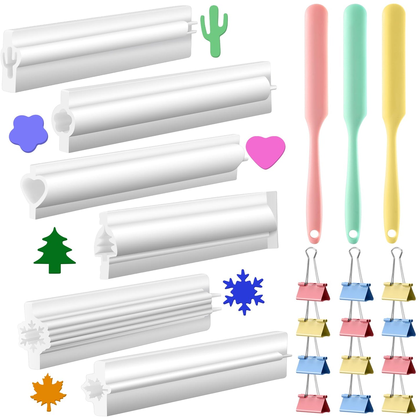 Ninehaoou Large Silicone Soap Mold Set, 6 Long Tube Column Molds for Embed Soaps, 12-inch Inserts (6 Shapes), 3 Spatulas and 12 Binder Clips(Seasonal)