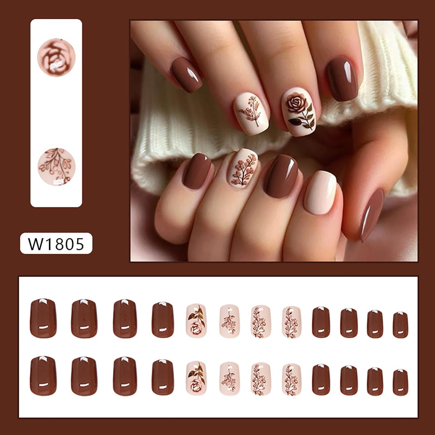 CJDLTS Press-on Nails - Short, Square Rose Flower Design, Full Cover Glossy Acrylic Coffin Nails, 24 Pcs