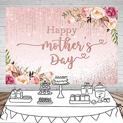 Mocsicka Mothers Day Backdrop Banner 7x5ft Pink Floral Happy Mothers Day Backdrop Decorations Thanks Mother's Day Photo Background Banner Party Decorations - size: 7x5ft