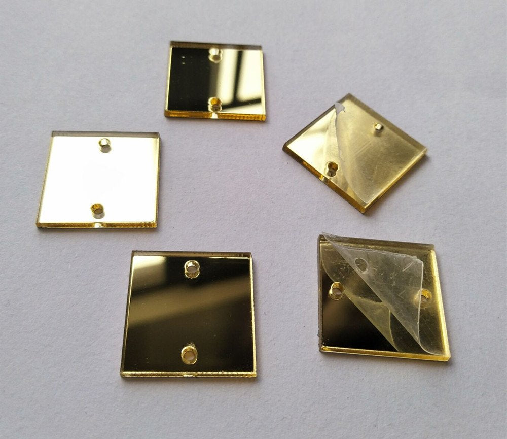 50PCS Sew On Square Mirror Piece,DIY Mirrored Rhinestones for Costume Evening Dresses Cloth Garment Decoration Accessory (2.5CM, Gold)