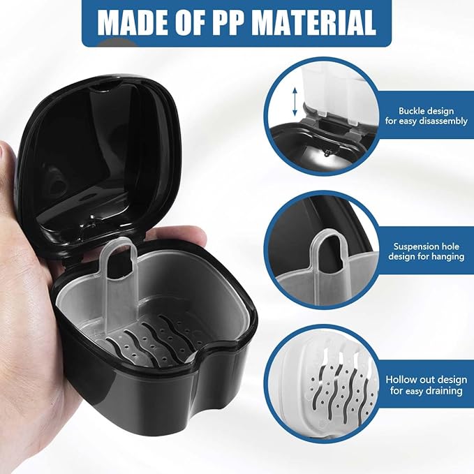 Black Denture Bath Case Cup Box Holder Storage Soak Container with Strainer Basket for Travel Cleaning