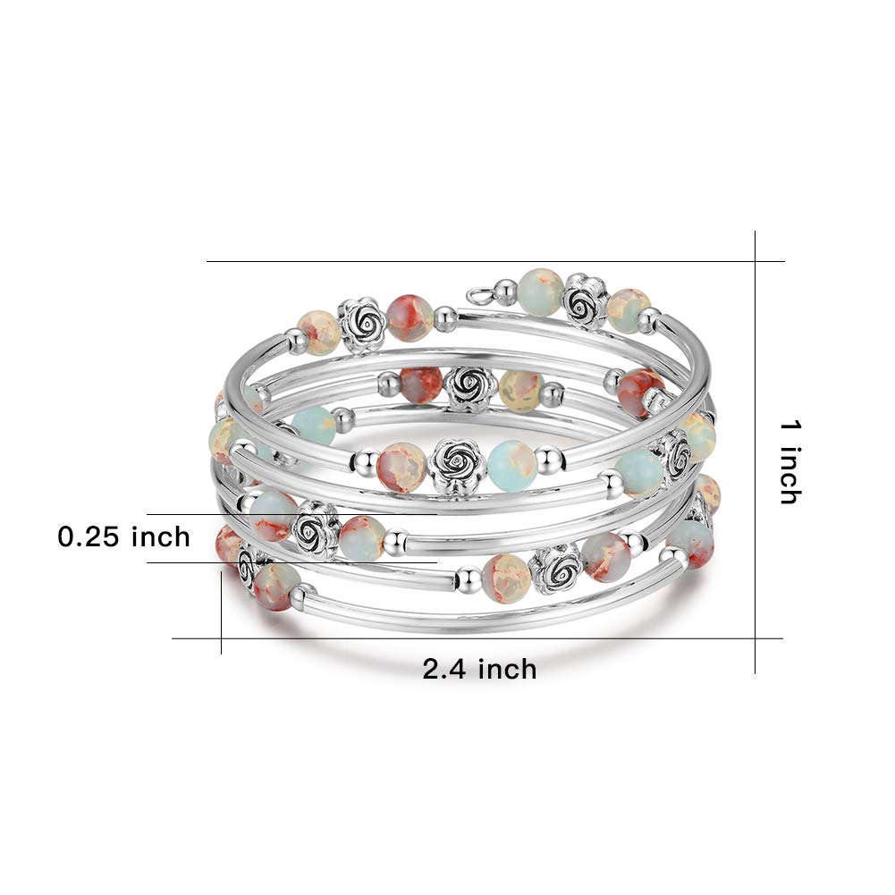 BULINLIN Wrap Bangle Rose Bead Bracelet - Beaded Bracelet with Natural Agate Stone Gifts For Women(01-Green)