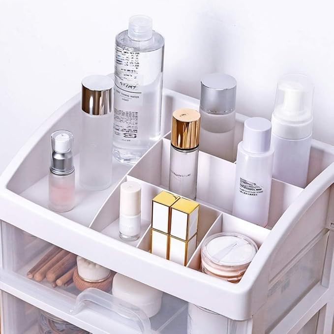 Simbuy Makeup Organizer with 3 Drawers, Bathroom Vanity Countertop Storage for Cosmetics, Brushes, Lotion, Nail Lipstick and Jewelry (White)