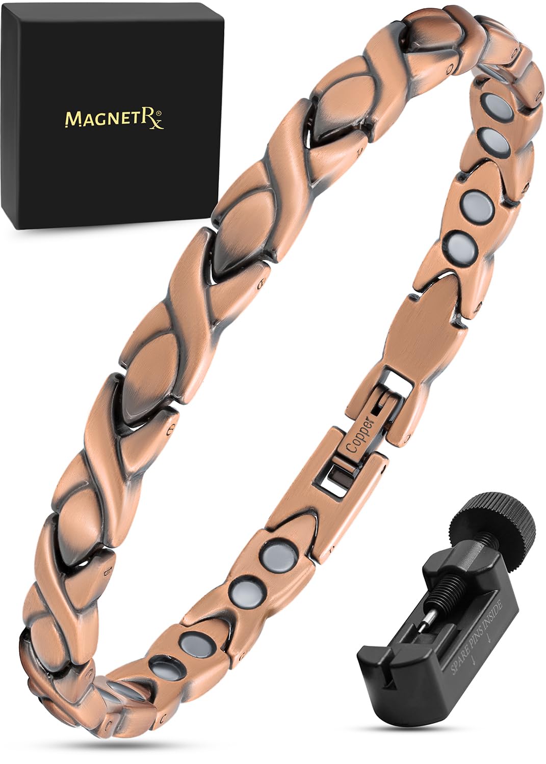 MagnetRX® Women's Pure Copper Magnetic Bracelet – Effective Ultra Strength Magnetic Copper Bracelets for Women – Adjustable Bracelet Length with Included Sizing Tool (XO Style)