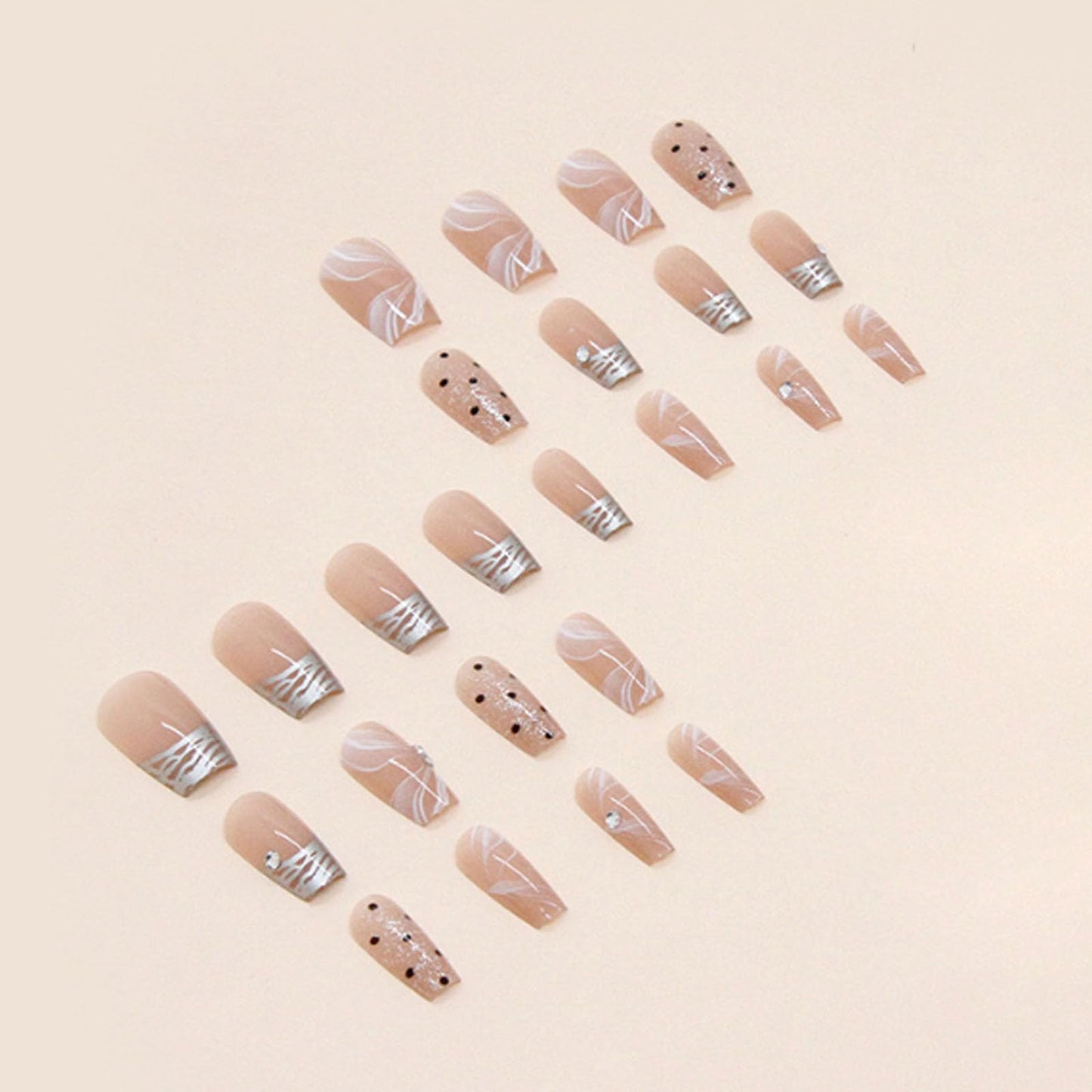 Hkanlre Silver Press on Nails Medium Fake Nails Tips Full Cover French False Square Dot Nails for Women and Girls 24PCS