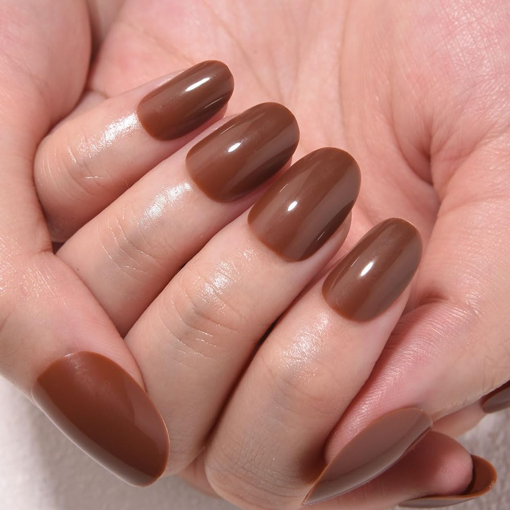 evpct Cool Brown Medium Oval Glossy Press on Nails for Women Gift, Glossy Nude Brown Fake Nail with Kits Manicure Kit, Soft Gel Full Cover Reusable Stick on Soft Acrylic False Nails Perfectly Fit