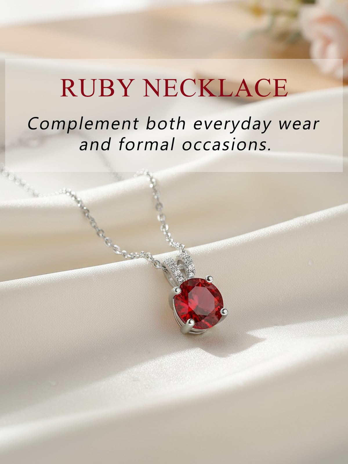 CYW 1 Carat Red Ruby Small Round Necklace for Women 925 Sterling Silver Solitaire Pendant Necklace