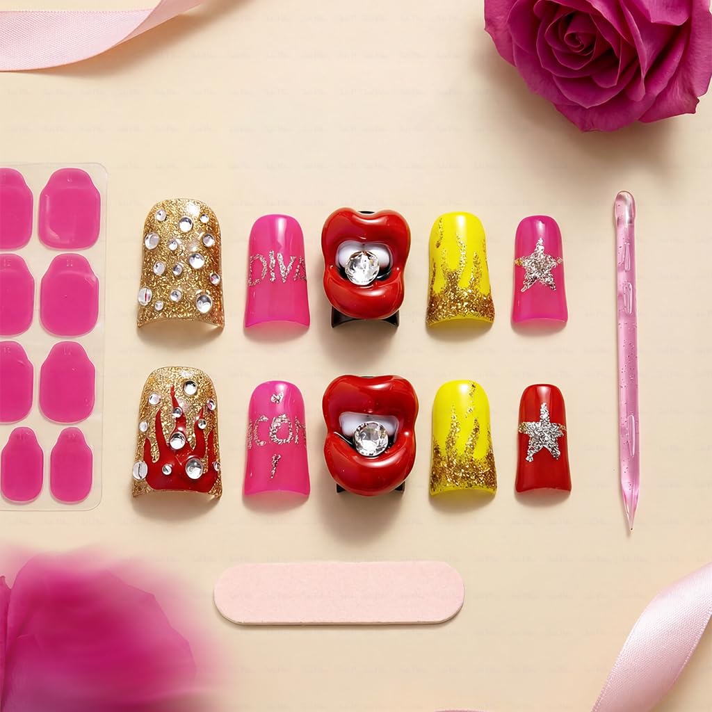 IntoVibes 10 Pieces Luxury Acrylic Press On Nails Short Handmade Duck Nails, Pink Thickened False Nails, Rhinestone And 3D Red Lips, Reusable Fake Nails, Acrylic Nails (L)