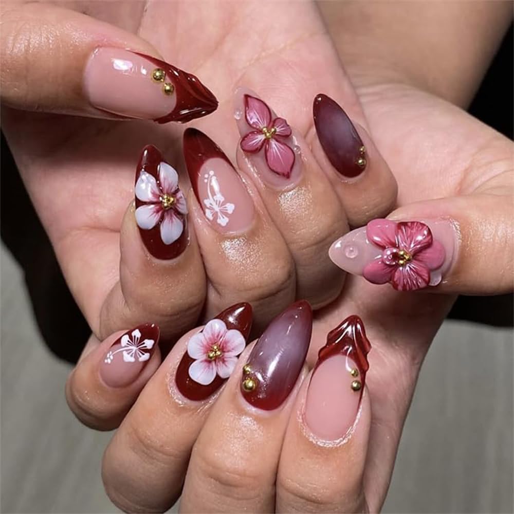 French Press on Nails Medium Almond Fake Nails 3D Flower Nail Press ons with Gold Pearl Gradient Designs Spring Summer False Nails Red Full Cover Glue on Nail for Women Manicure