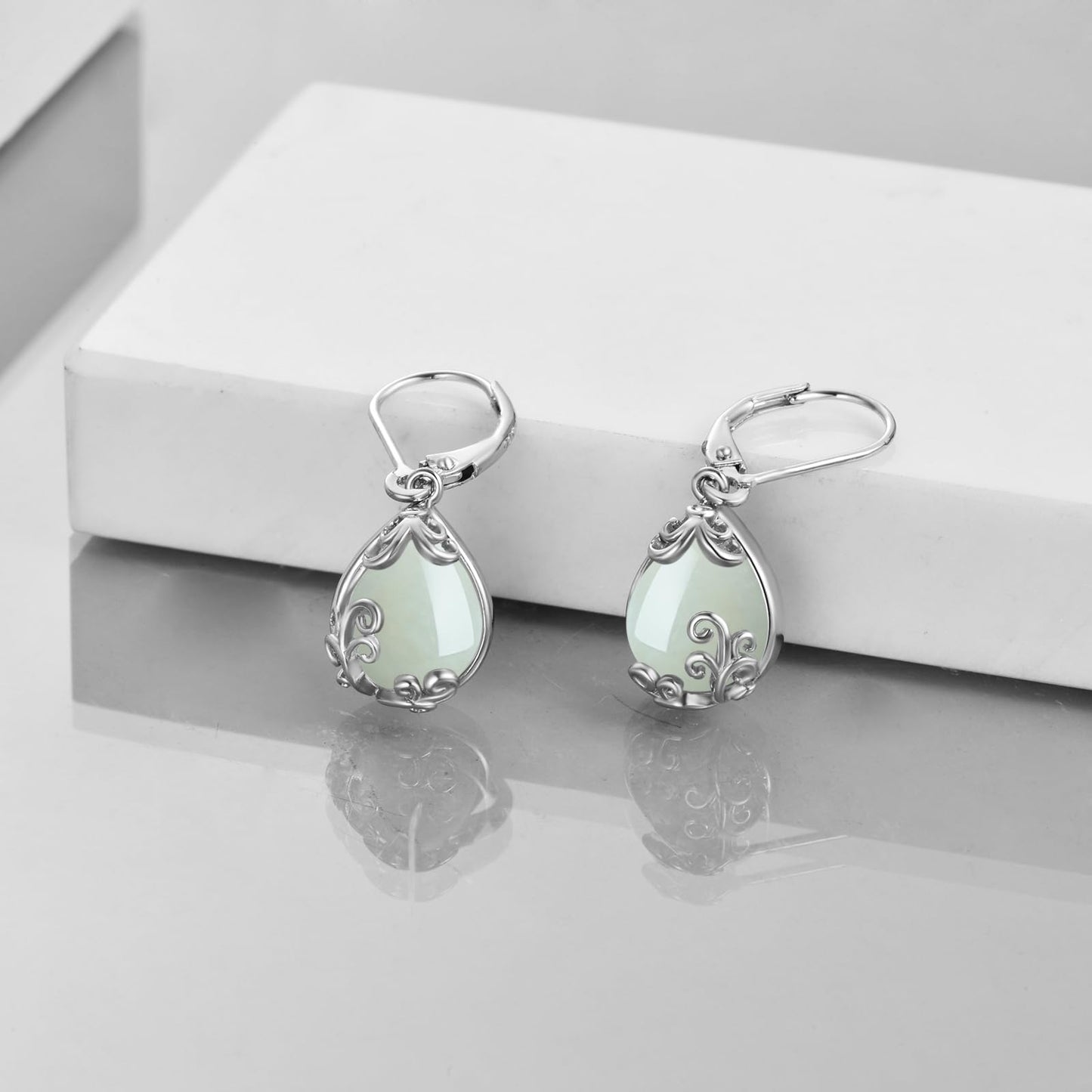 POPLYKE Jade Filigree Teardrop Drop Dangle Earrings Sterling Silver Leverback Earrings Jewelry for Women