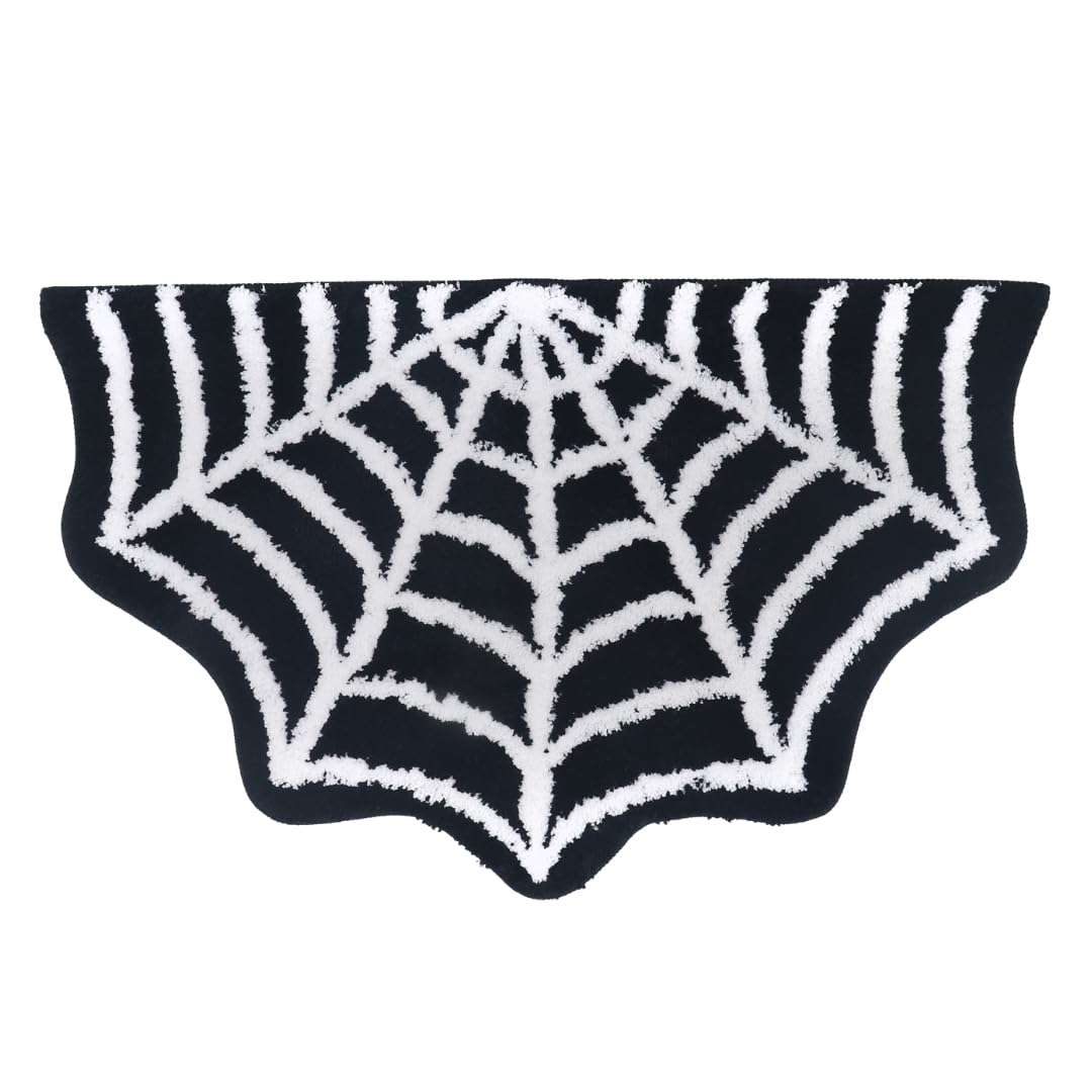 WITTIZA Spider Web Bath Mat - Black & White Gothic Bathroom Rug, Non-Slip Quick Dry Microfiber, Soft Plush for Halloween Decor & Goth Home, Machine Washable, 32" x 20"