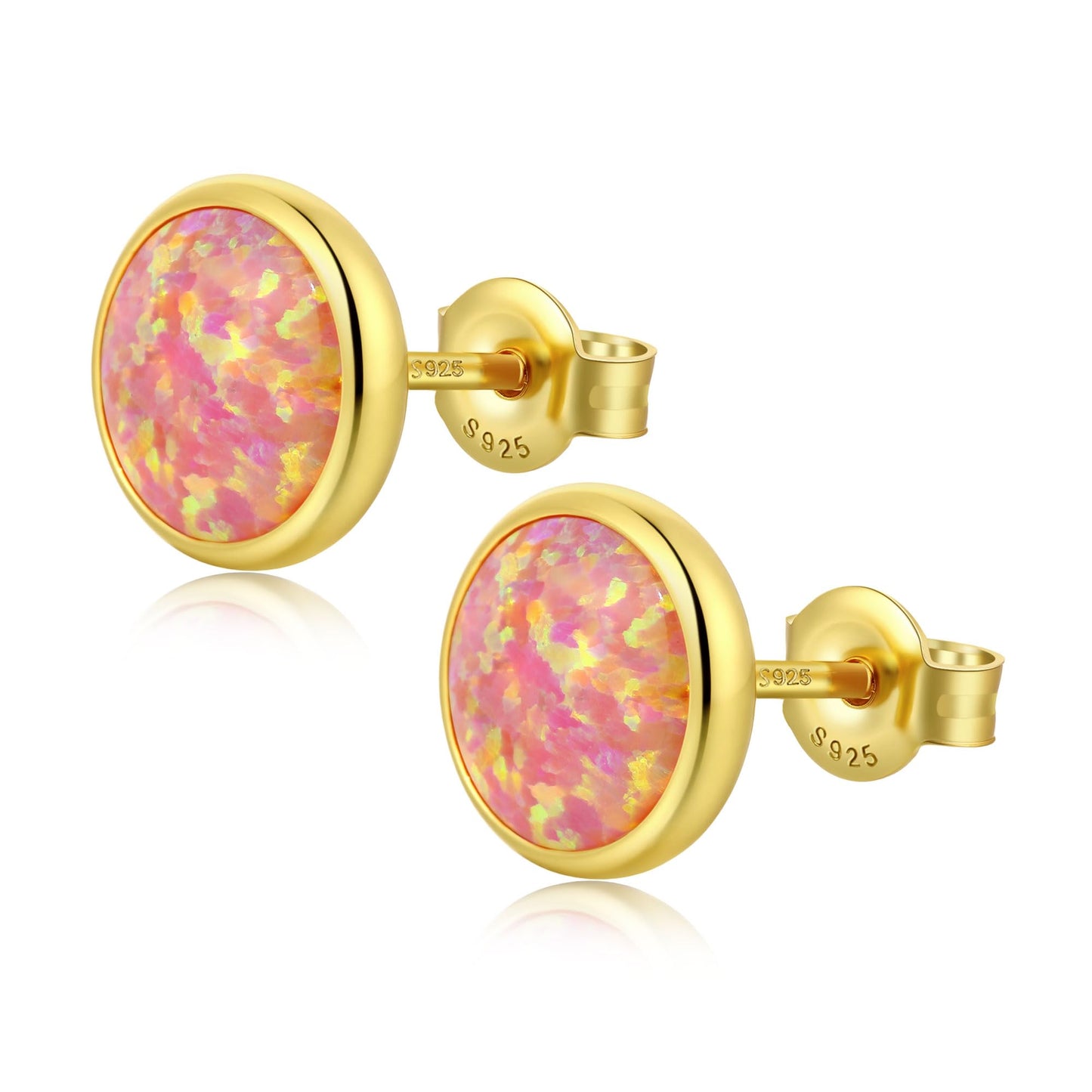 JiayangJY Silver Red Fire Opal Stud Earrings for Women 18K Yellow Gold Plated Sterling Silver Round Shape 8mm Opal Earrings with Push Back
