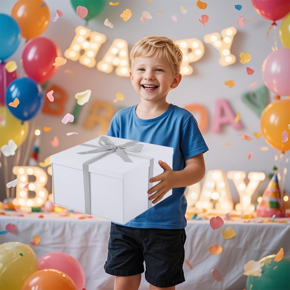UoeRing 1Pcs White Extra Large gift box with lids 13×13×7 Inches gift boxes for presents,Birthday Box (include Ribbon, Paper Shred Filler Gift Card & Envelopes)