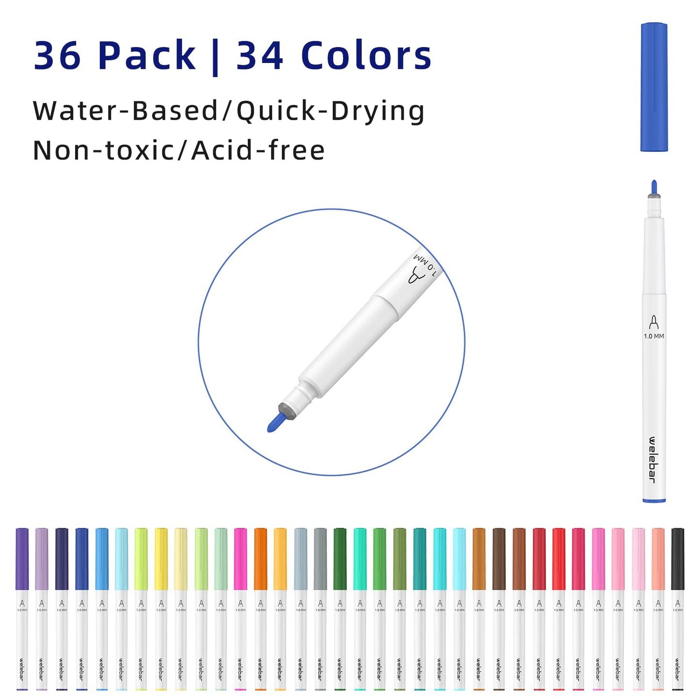 Welebar 1.0 Tip Pen Set Compatible with Cricut Maker 3/Maker 4/Maker/Explore 3/4/Air 2/Air, Premium Marker Pen Set of 36 Pack Medium Point Pens for Writing, Drawing, DIY Crafts