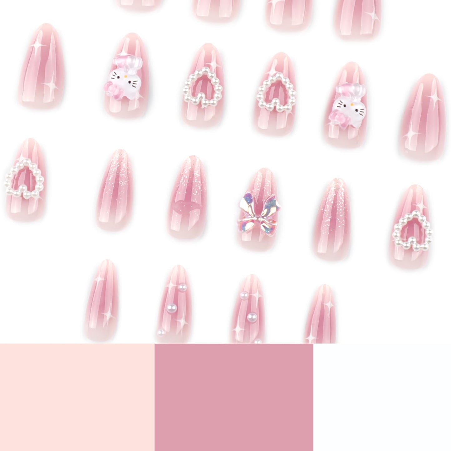 24Pcs Pink Press on Nails Medium Almond Fake Nails Charms Pearl Design French Nails 3D Bow Heart False Nails Tips Cute Star Stick on Nails Full Cover Artificial Acrylic Nails for Women Decor