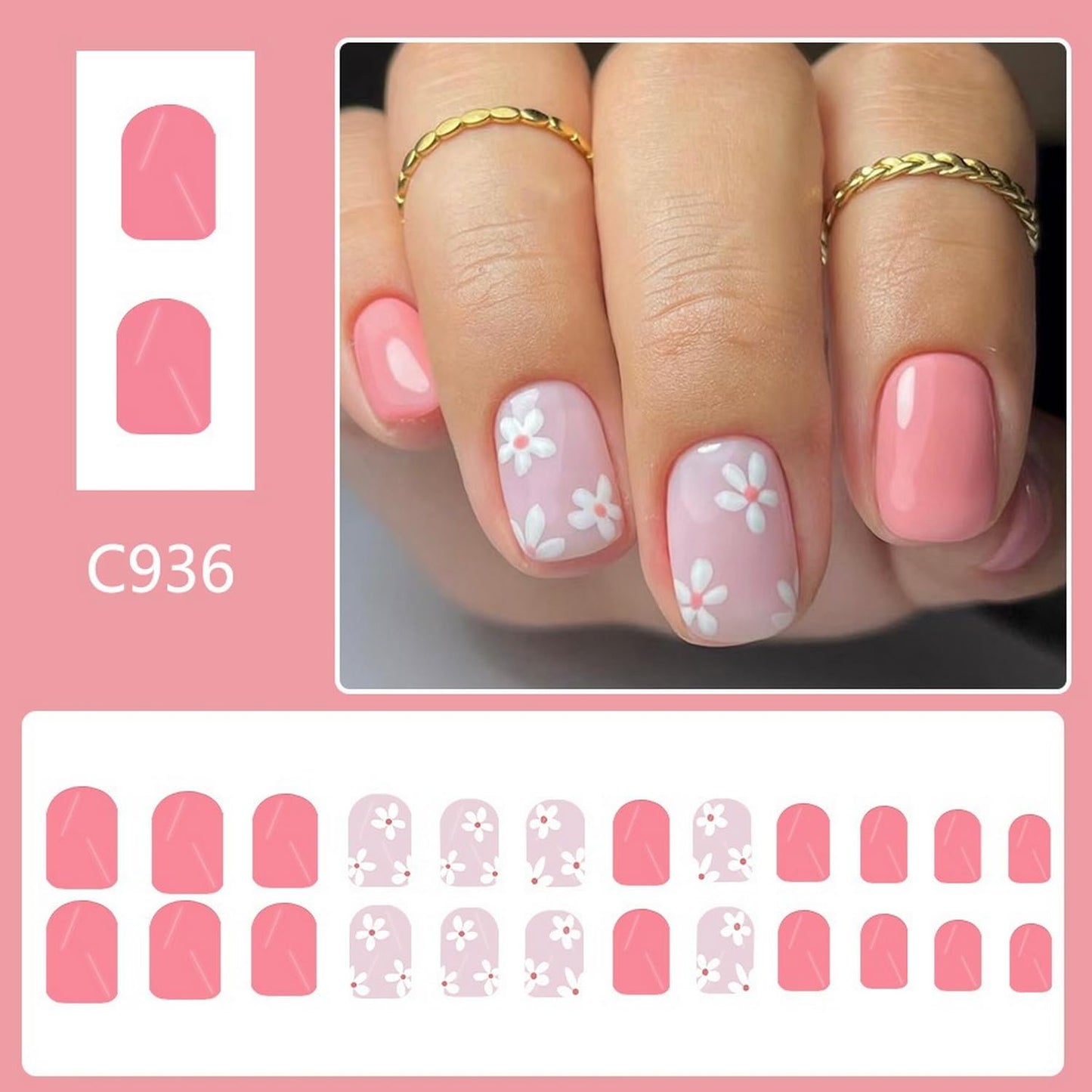 24 Pcs White Flower Press on Nails Short Square Fake Nails Spring Cherry Blossom False Nails Glossy Pink Full Cover Floral Acrylic Nails Stick on Nails for Women Nails Manicure Decoration