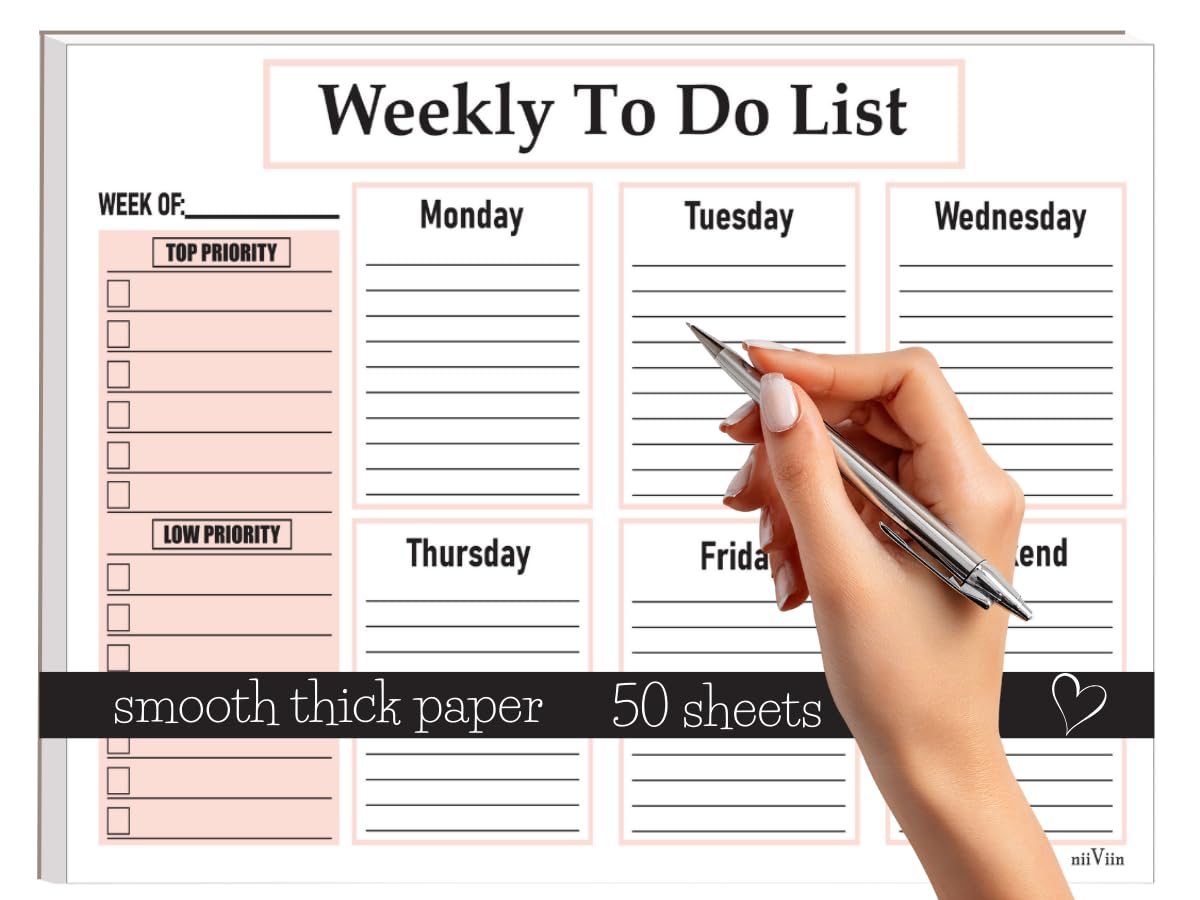 NIIVIIN Weekly To Do List Notepad - Weekly Planner Notepad, ADHD Planner for Adults, 50 Tear-Off 8.5" x 11" Sheets, Extra Thick Backing