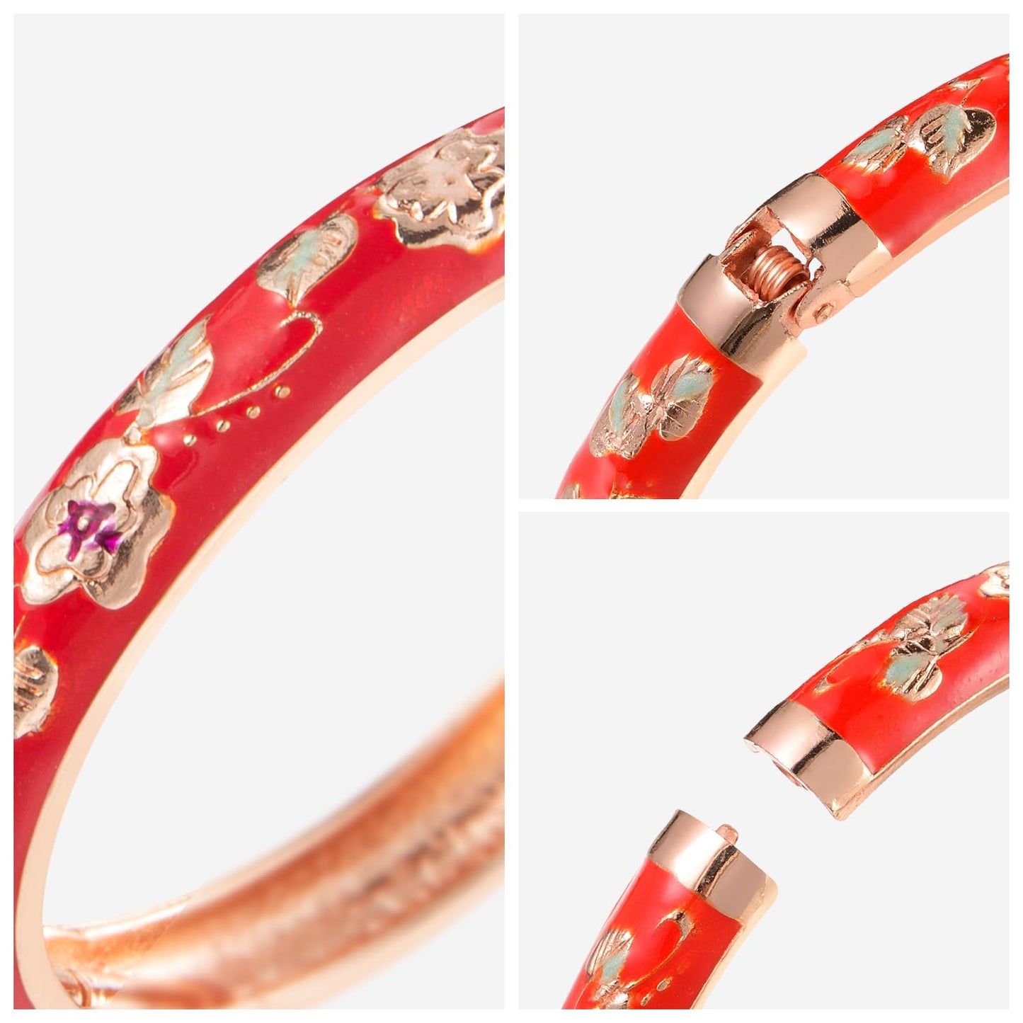 UJOY Vintage Bracelet Enameled Jewelry Spring Hinge Metal Gold Plated Cuff Cloisonne Bangles Set Gift Box Packed 55A87-55A103 Red
