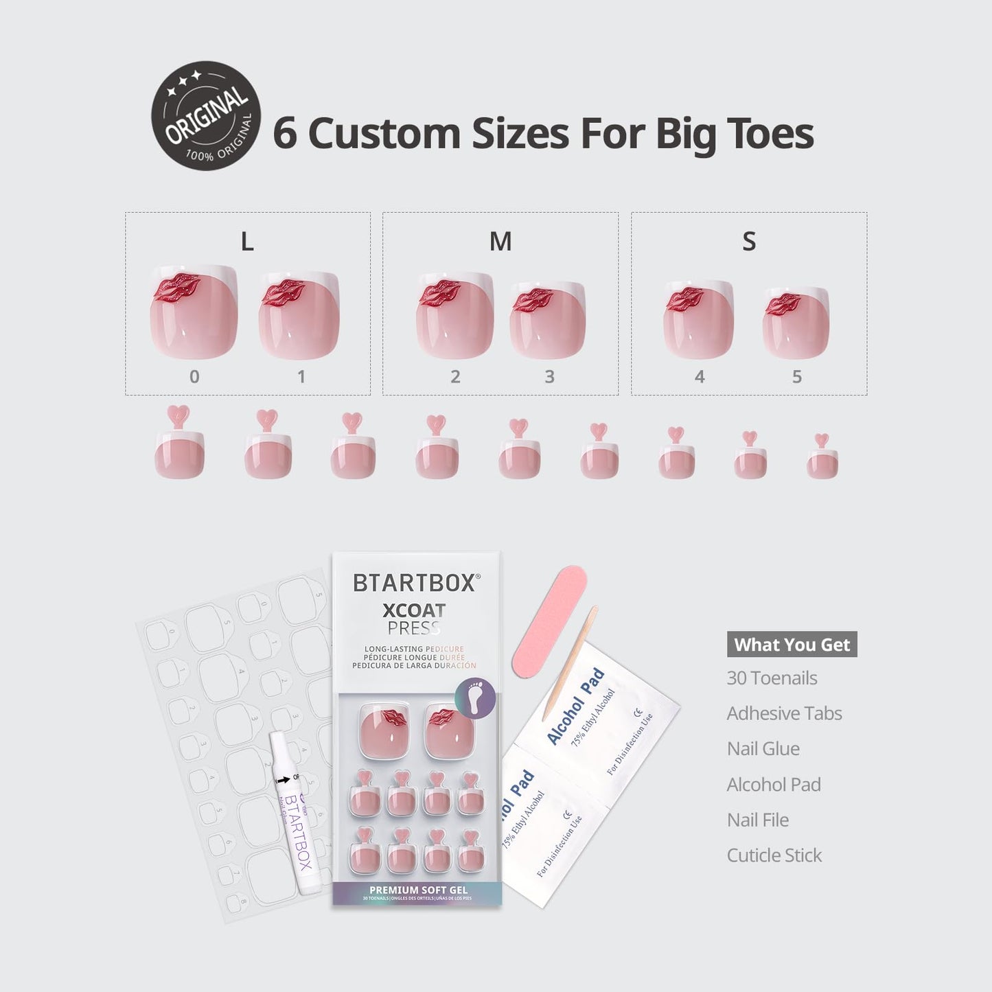 BTArtbox Press On Toenails Short - Date Night, Lamp-Curable 3D Red Lips French Tip Square Toe Nail Press Ons with Glue and Adhesive Tabs for Women in 15 Sizes - 30 Toenails All-in-One Kit