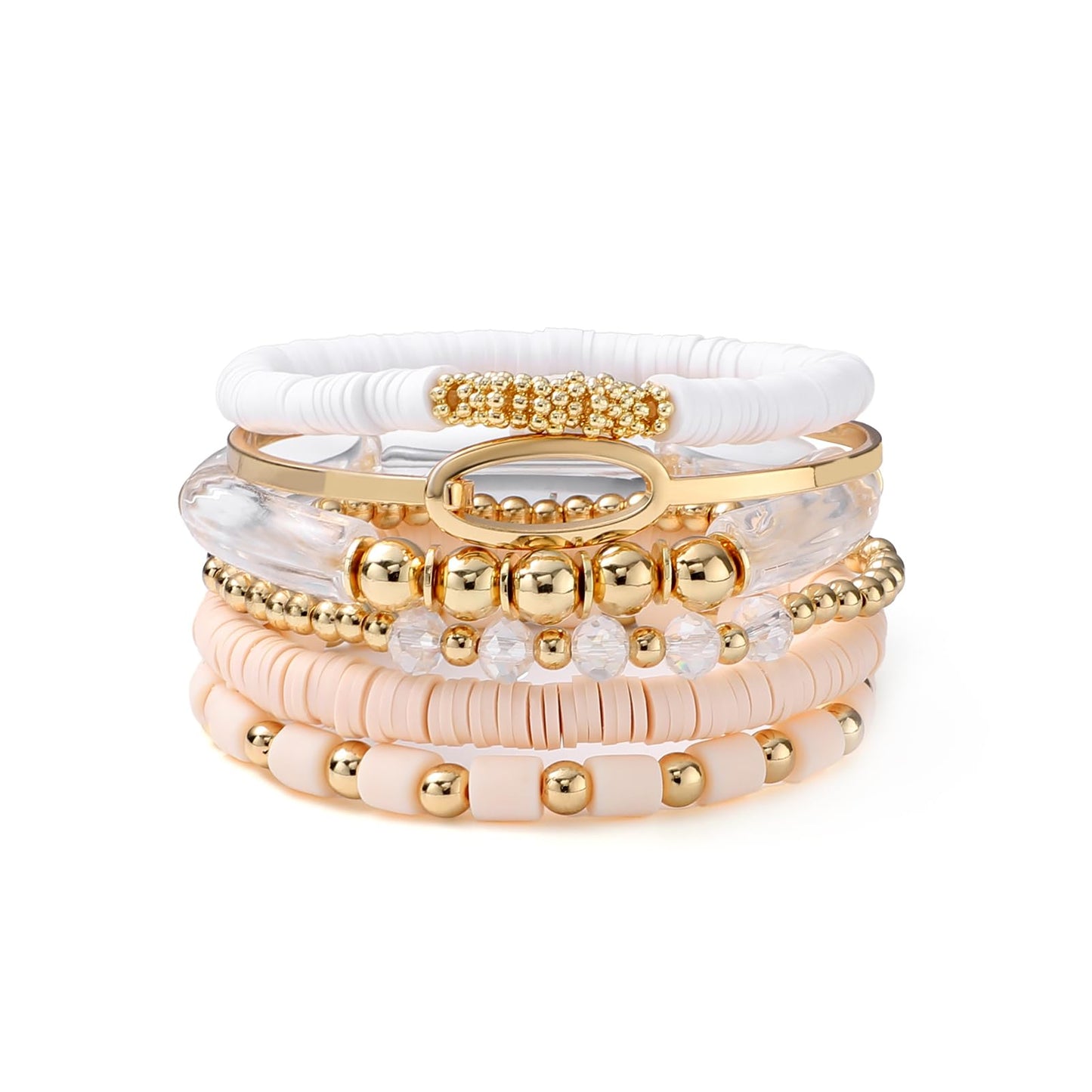 GOOJIDS Simple Beaded Gold Bangles Bracelet Chunky Bamboo Tube Curved Stacking Clear Acrylic Colorful Beads Stretchable Gold Bracelets Set For Women