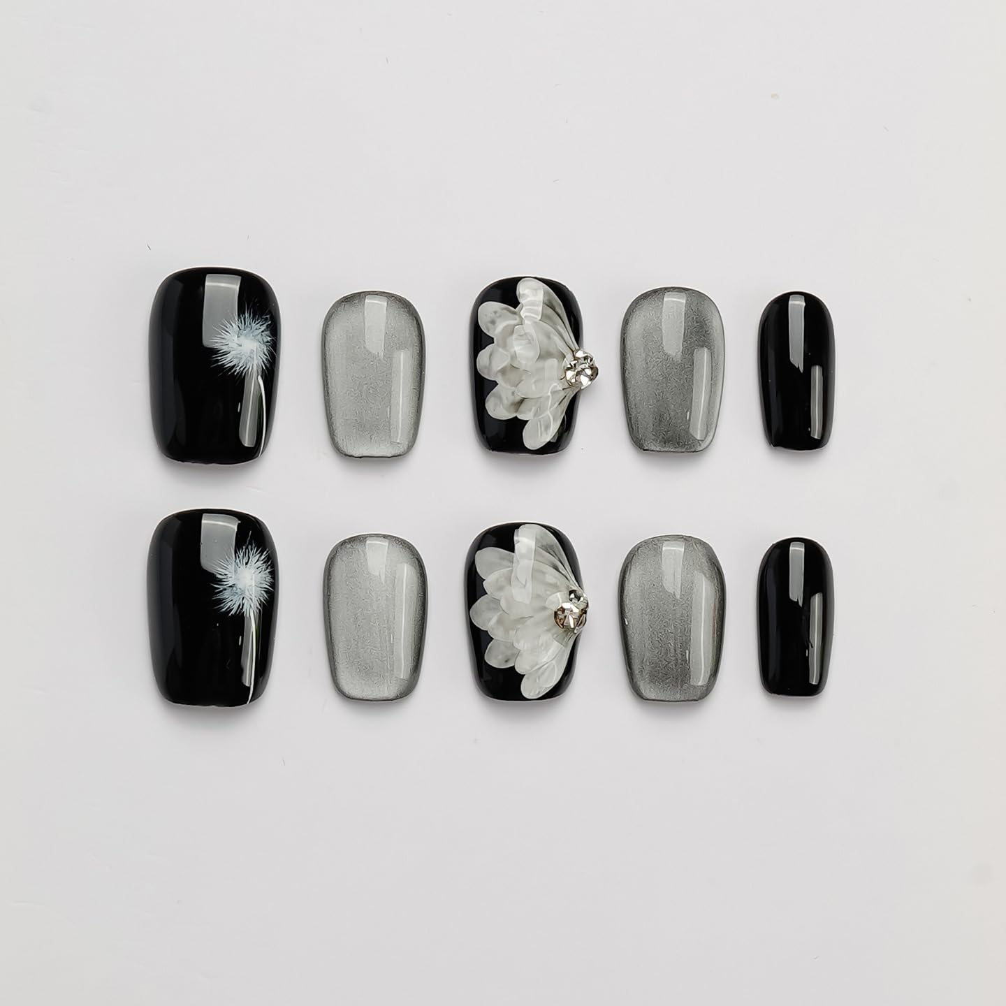 [GLORS] Press On Nails, Black and Silver in Short Square shape, Acrylic Wing Design with Dandelion Pattern, 10 Pieces (XS, SS)