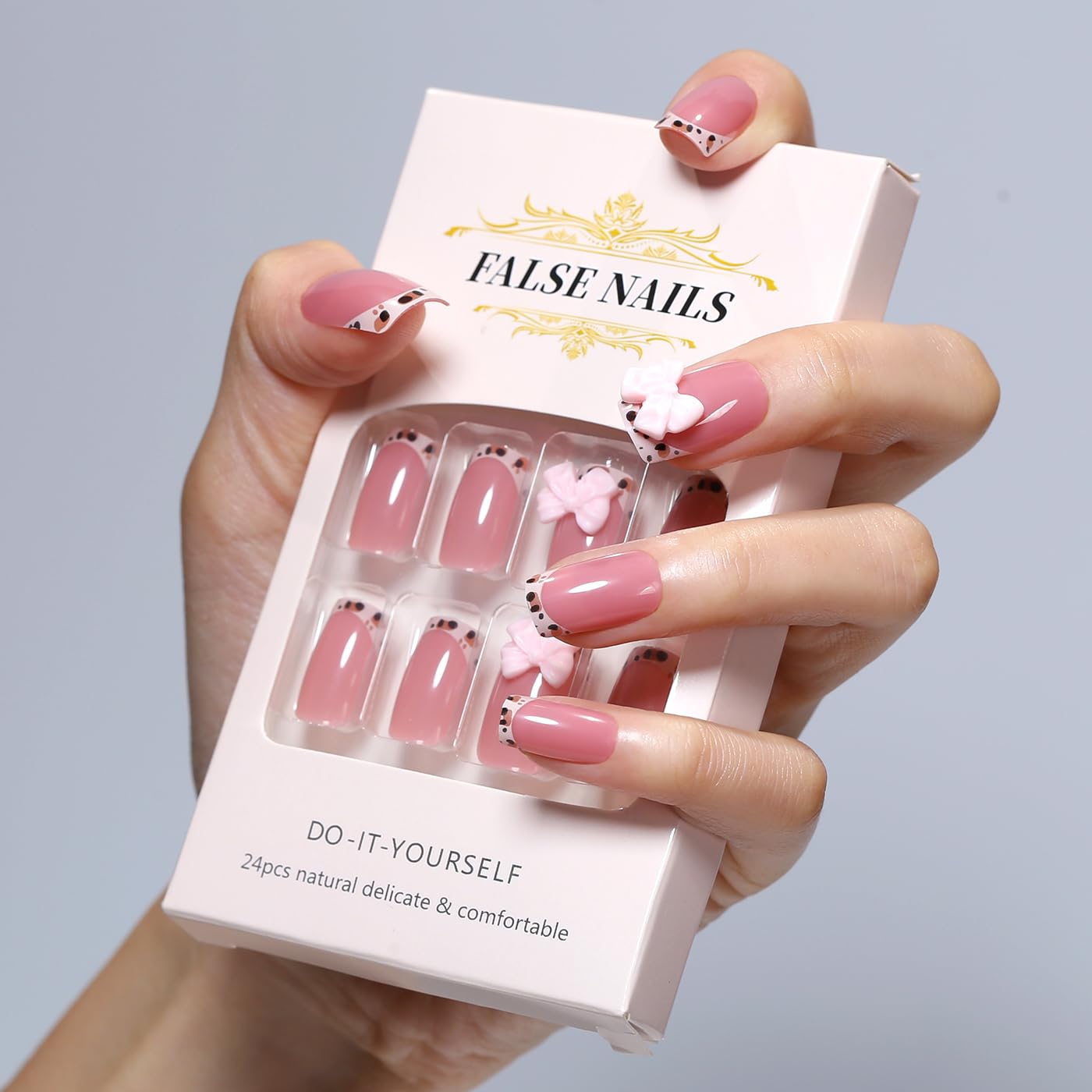 Goolich Leopard French Tip Press On Nails Medium Square, Nude Pink Nails Press ons Bow Charm with Adhesive Tabs, 24 Pcs 12 Size Reusable Full Cover Glue on Nails for Women