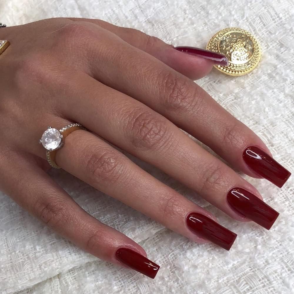 Wine Red Press On Nails Medium Long Square, Xcreando Medium Coffin Nails Acrylic Press ons Glue on Nails, Solid Color Fake Nail for Women, Natural Thick Artificial Stick on