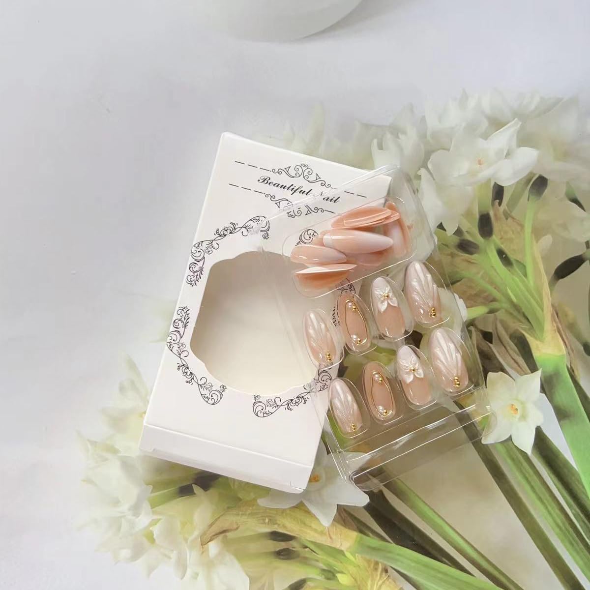 OHWODA Almond Shape Plastic False Nails, 24pcs Set, Glossy Finish, Classic Elegant French Tip, Reusable with Jelly Sticker, Perfect for Parties & Gifts
