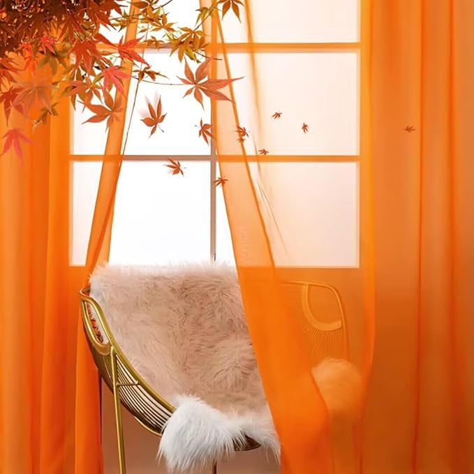 SpaceDresser Basic Rod Pocket Sheer Voile Window Curtain Panels Orange 2 Panels 52 Width 96 Inch Long for Kitchen Bedroom Children Living Room Yard(Orange,52 W x 96 L)