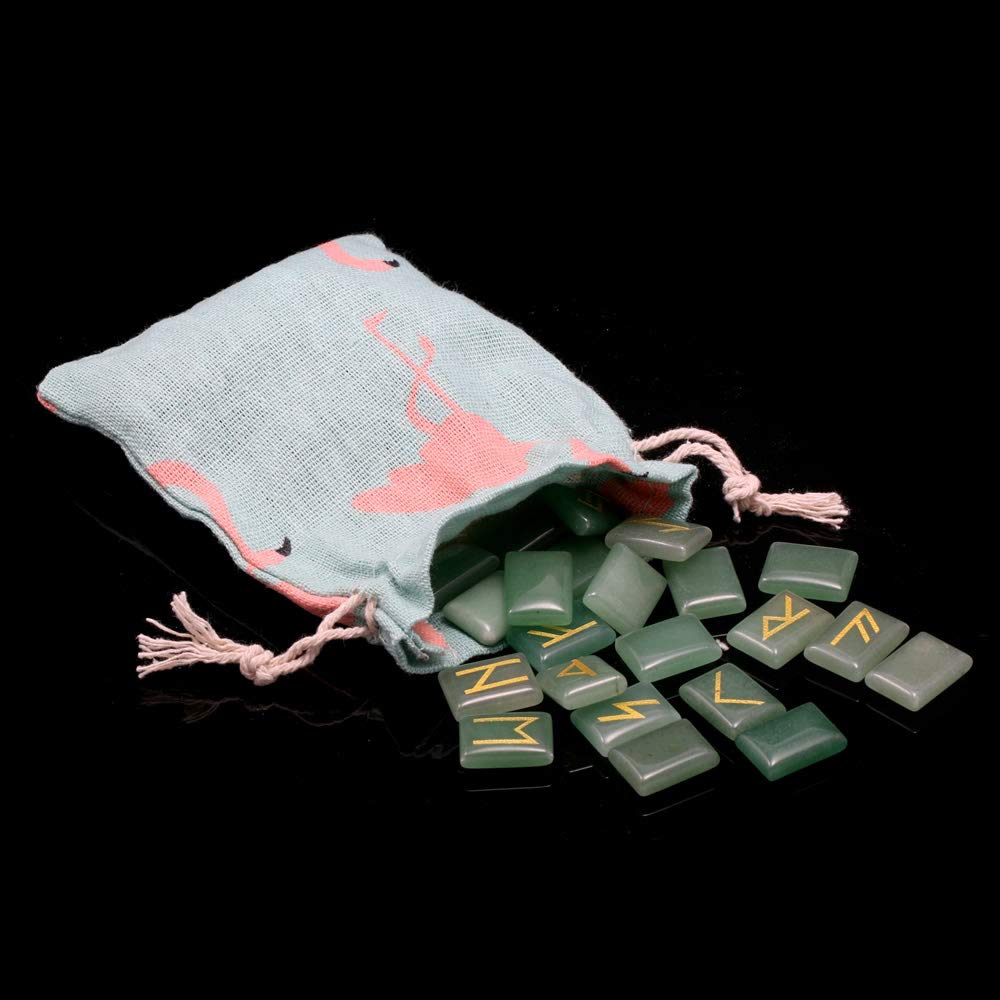 Zotoone Rune Stones Set with Engraved Elder Futhark Alphabet Natural Runes Stones Crystal Meditation Divination Healing Chakra Reiki Green Aventurine (1 Flax Cloth Bag)