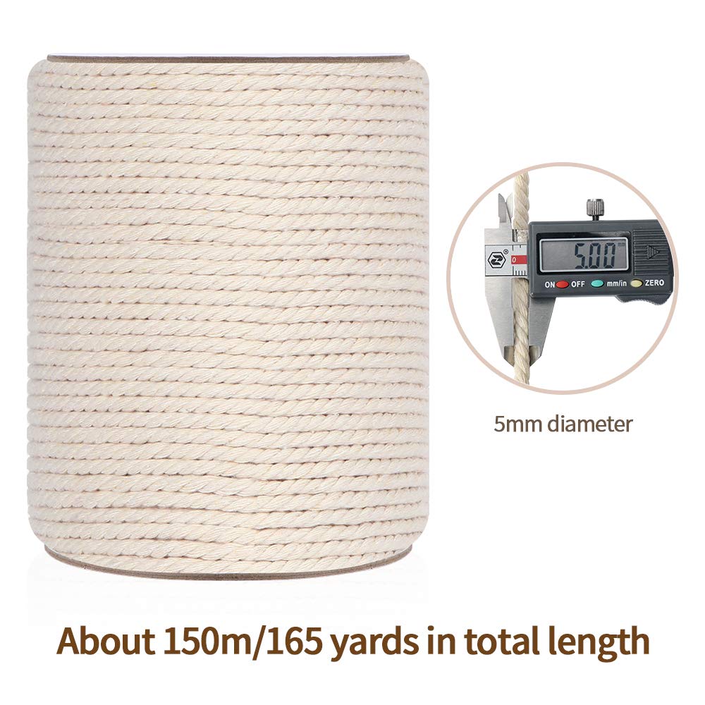 Macrame Cord 5mm x 165Yards, Natural Cotton Macrame Rope - 3 Strands Twisted Macrame Cotton Cord for Wall Hanging, Plant Hangers, Crafts, Gift Wrapping and Wedding Decorations