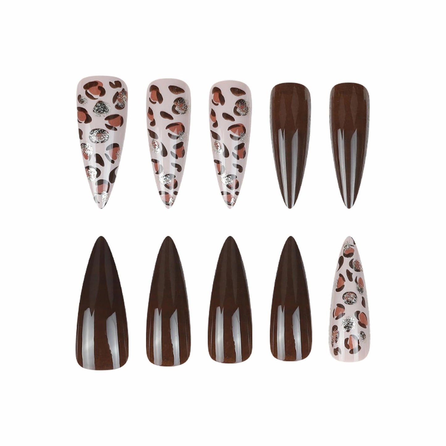 MISUD Press on Nails - Long Stiletto Fake Nails with Brown Leopard, Acrylic Bling Glitter Design 24 pcs