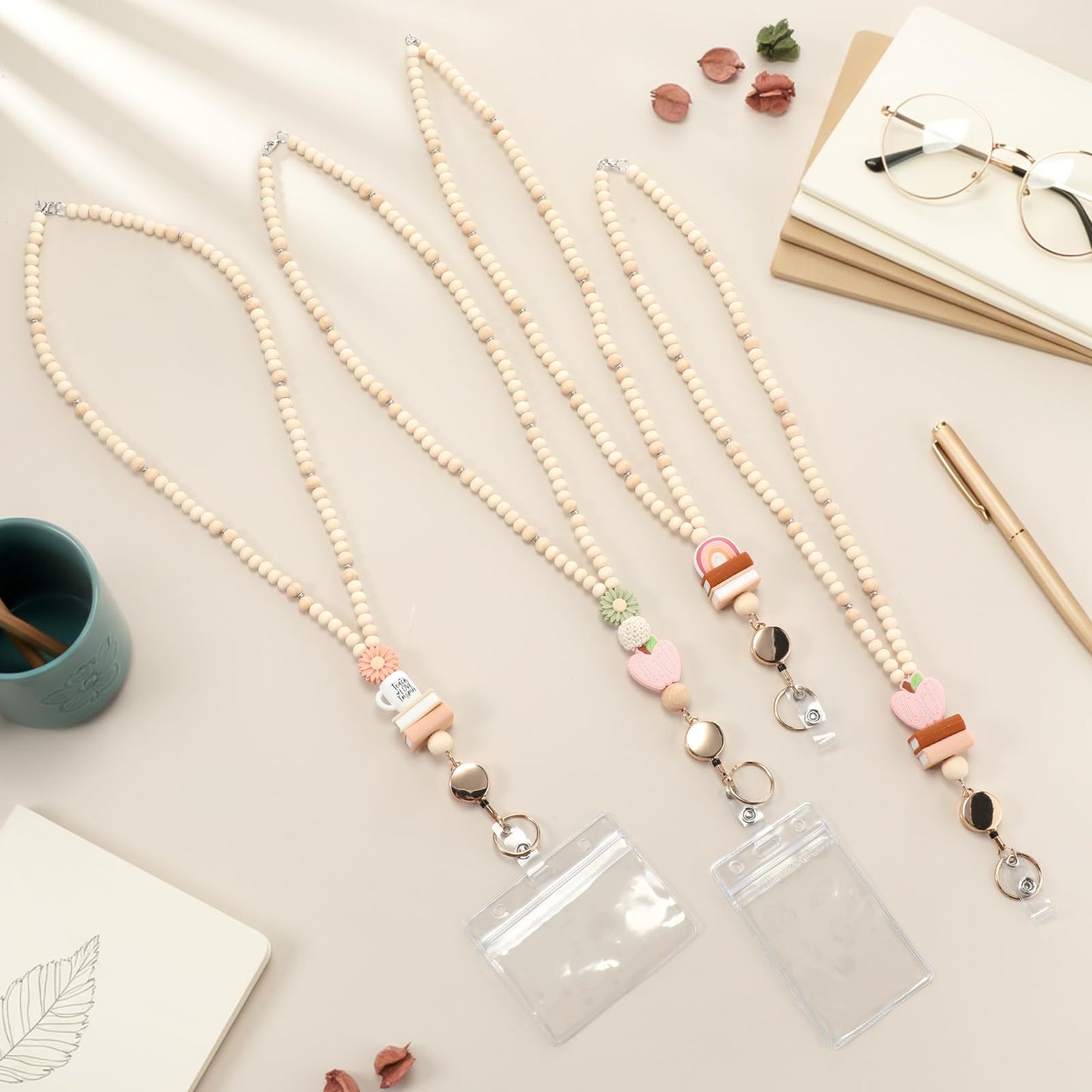 Lerheedi 4 Set Teacher Gifts Lanyard with ID Holder Wooden Silicone Beaded Retractable Lanyards for ID Card Badges Key Ring (Boho)