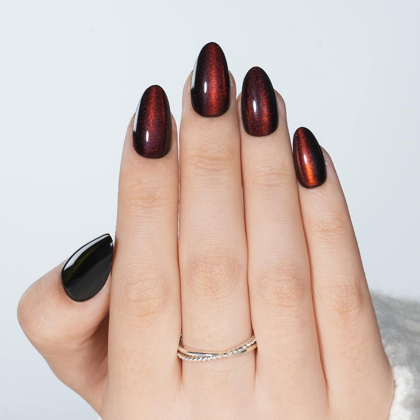 Leefrei Red Cat Eye Press on Nails - Short Almond Burgundy Cat Eye Nails, Soft Gel Fake Reusable Red Nails Press ons for Women, 32 pcs in 16 Sizes False Nails Kit with Glue, Cherry Mirage