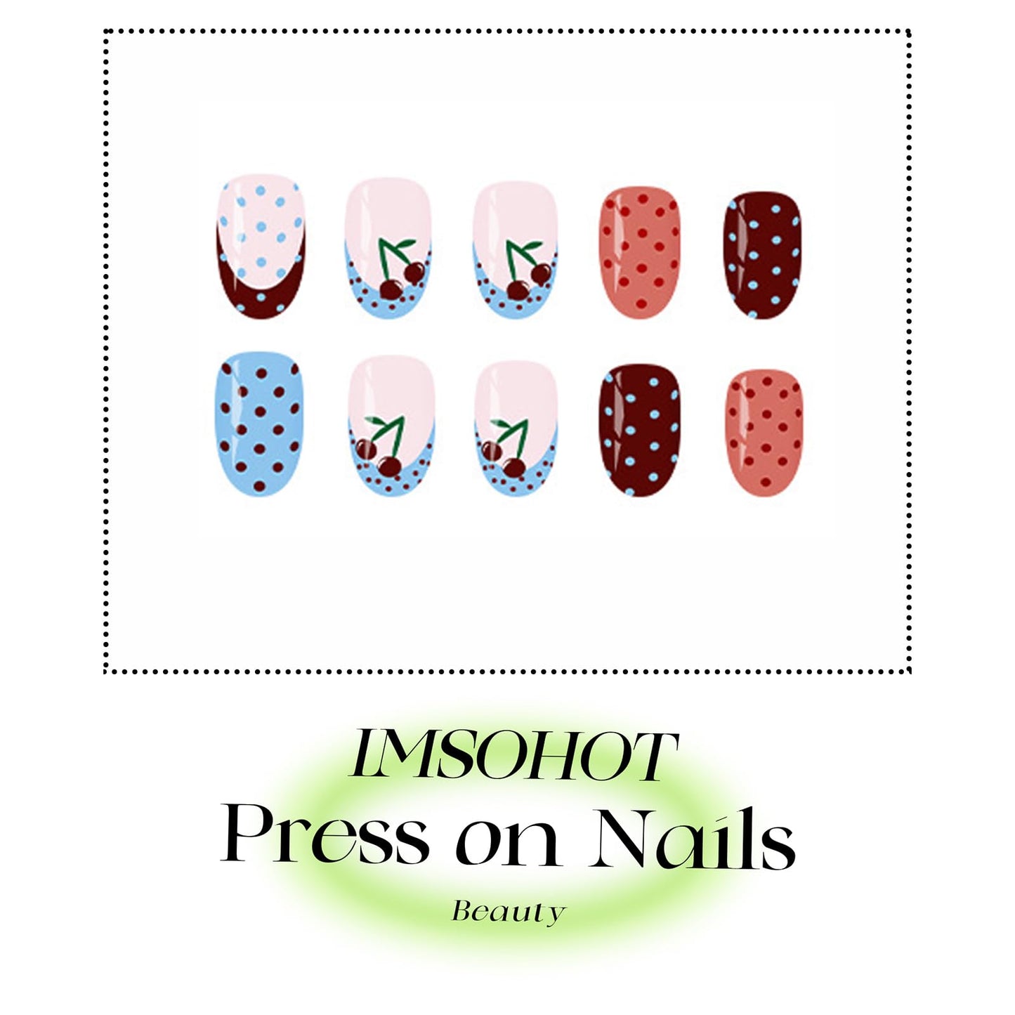 IMSOHOT Press on Nails Short Oval Fake Nails with Cherry, Polka Dot Designs Cute Pink Blue Glossy Full Cover Acrylic False Nails 24Pcs