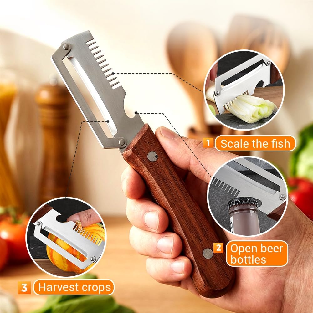 3-1 Multi-functional Vegetable Peeler, 2026 New Ktchen Multi-function Stainless Steel Thickened Fruit Peeler Knife with Wooden Handle,Suitable for Peeling Fruits and Shredding Scallions (A-3PCS)