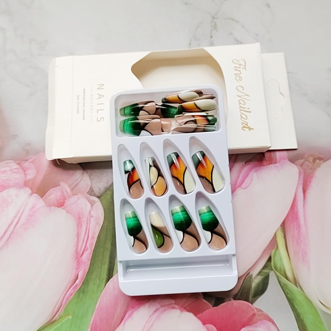 24Pcs Medium Square Fake Nails Color Collision Press on Nails with Artistic Lines Designs Spring Summer Nails Glue on Acrylic False Nail Full Cover Glossy Stick on Nail for Women Manicure Kit