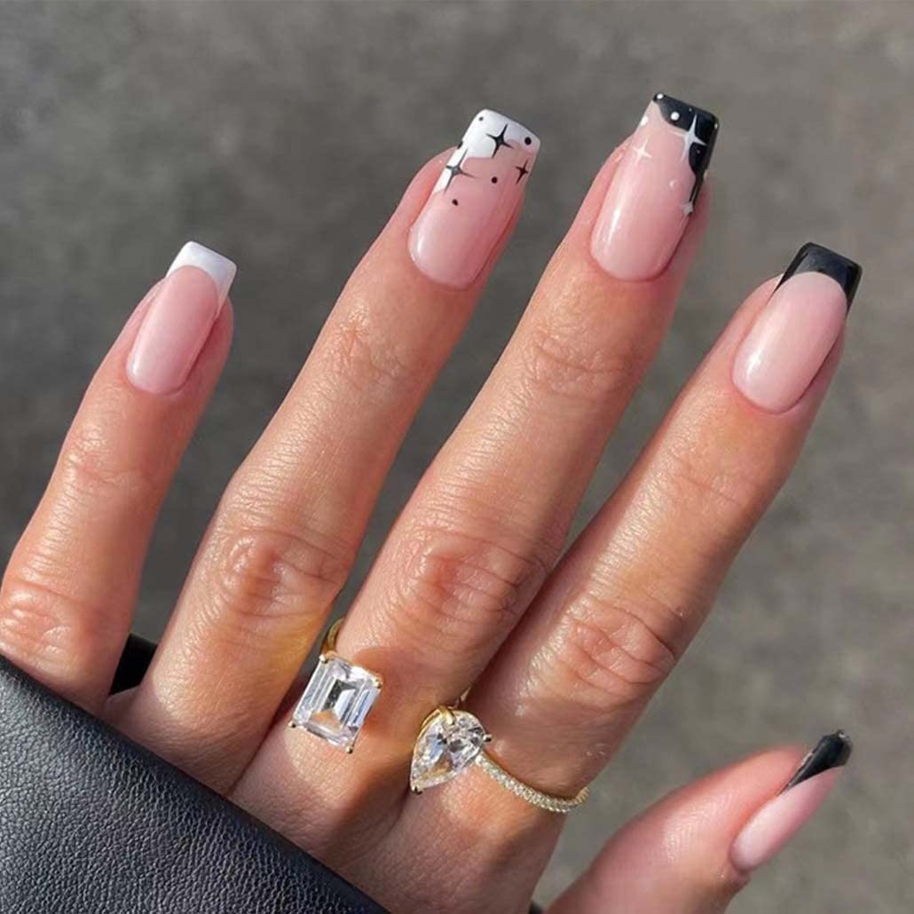 Foccna French Tip Black Press on Nails Medium White Fake Nails Square Glossy False Nail Tips Artificial Finger Manicure for Women and Girls 24pcs