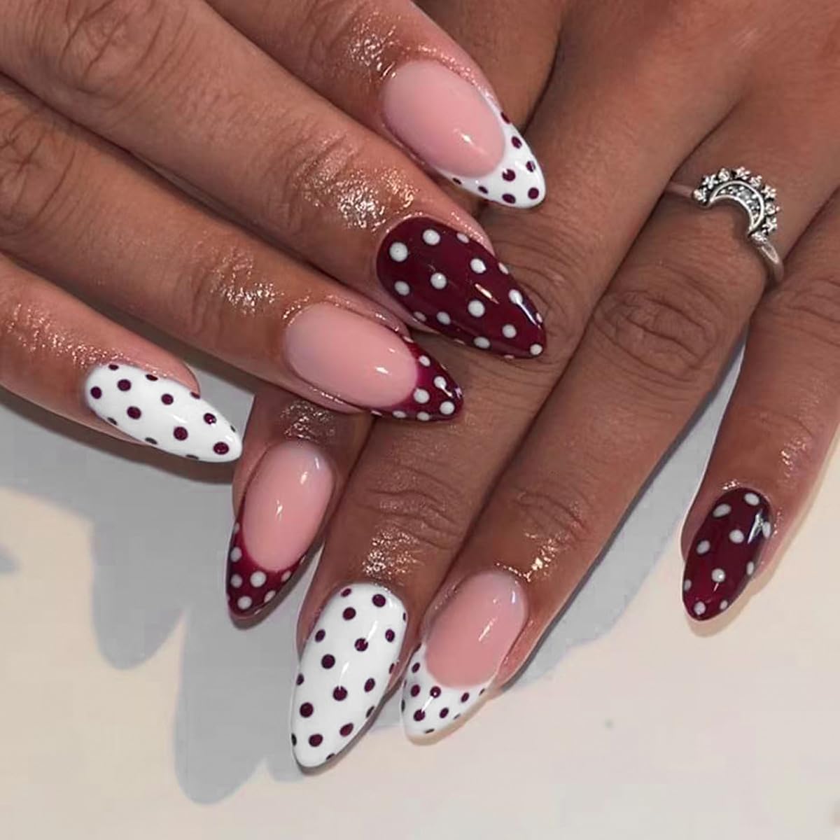 Polka Dot Press on Nails Medium Almond Fake Nails Red & White False Nails French Tip Design Full Cover Glossy Glue on Nails for Women 24PCS