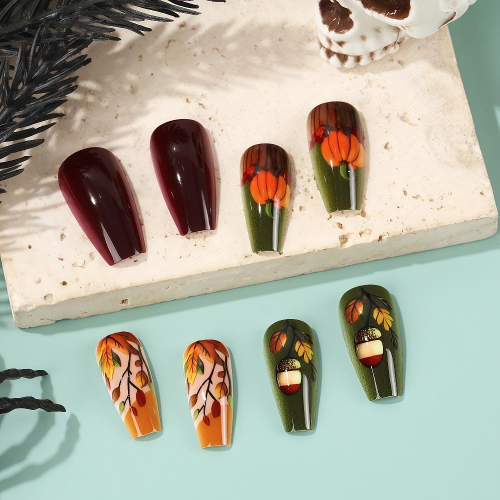 Fall Press on Nails Medium Coffin Fake Nail Maple Leaves & Pumpkin Acrylic False Nails for Women Full Cover Glossy Glue on Nails Reusable Autumn Stick on Nails 24Pcs
