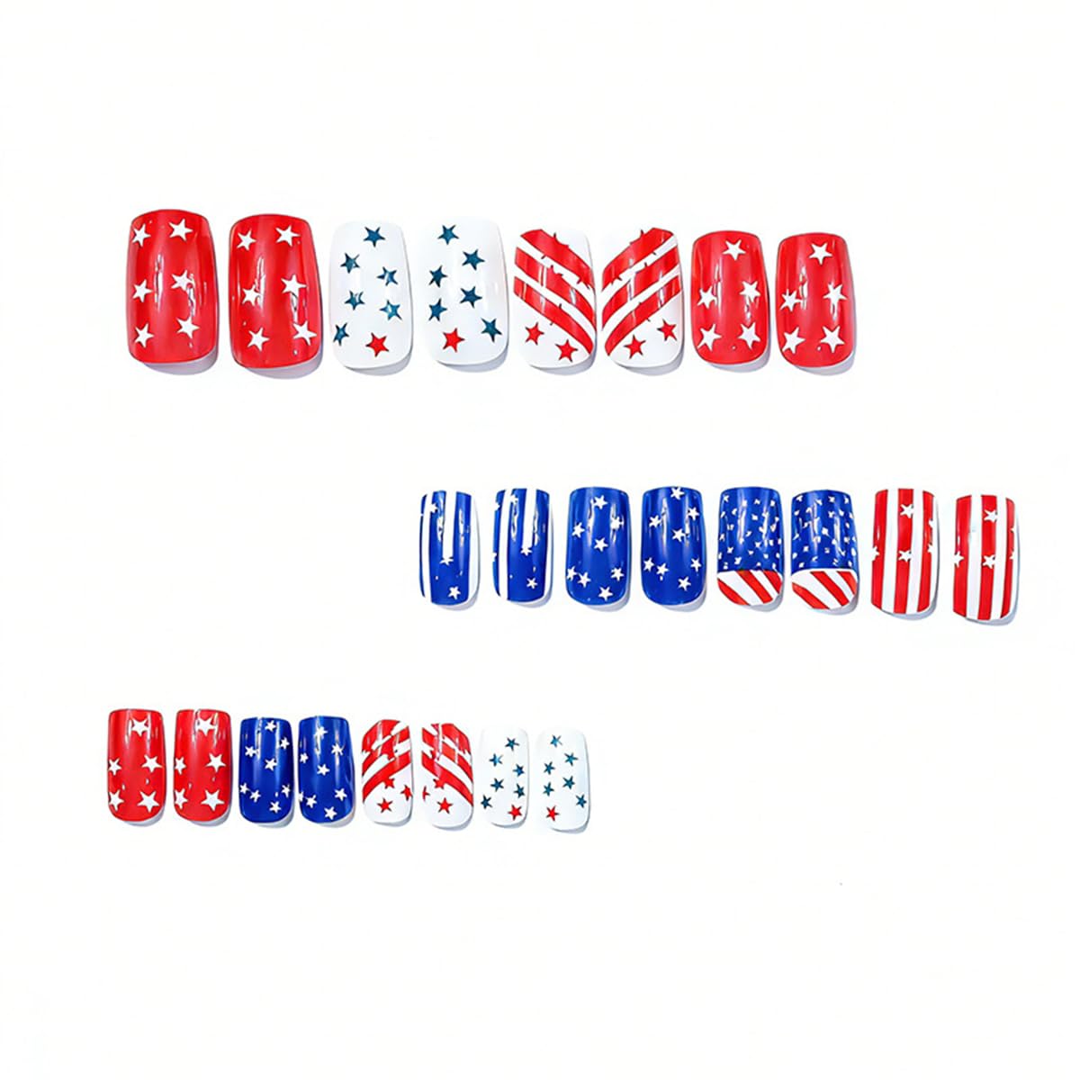 4th of July Press on Nails Red White Blue Fake Nails Medium Square False Nails Press ons with Star and Stripes Designs Patriotic Nail Acrylic Artificial Glue on Nails for Women Manicure 24Pcs