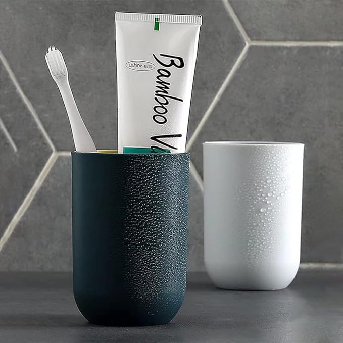 Unbreakable Reusable Drinking Cups Set of 2 Colors, Plastic Toothbrush Cup Tumblers 300 ml/10.5 oz, Dishwasher Safe (Light gray & Navy blue)