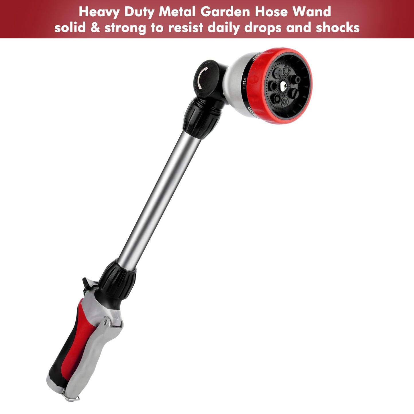 RESTMO Metal Watering Wand, Heavy Duty Garden Hose Wand with 180° Swivel Ratcheting Head, 16'' Hose Nozzle Sprayer with 7 Spray Patterns and Flow Control, for Water Hanging Baskets and Shrubs, Red