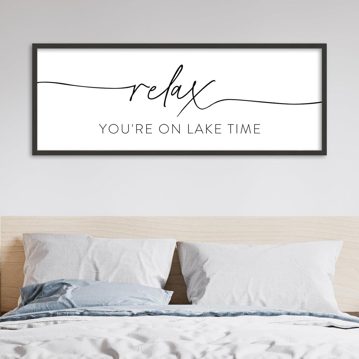 SRSZHIYUE Relax You're On Lake Time Wall Decor Above Bed Sign 40"×15" for Lake House Bedroom Over Bed Large Wood Framed Hanging Art (Black)